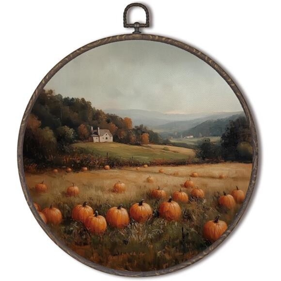 XNXLDYLH‎ Rustic Fall Pumpkin Patch Round Framed Wall Art Decor, Farmhouse - Picture 1 of 8